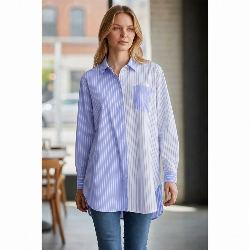 Calvin Klein Women XL Blue White Stripe Tunic Shirt Preppy Coastal Button Down